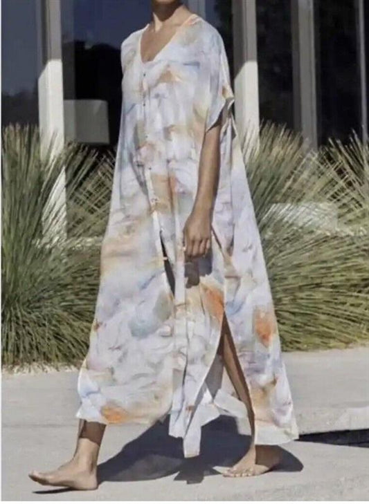 NWOT Calme S/M V Neck Maxi Kaftan Dress Button Down 111289