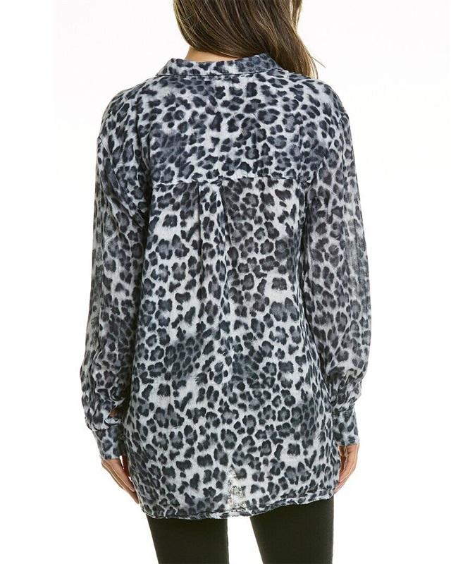 NWOT Michael Stars M Barb Crinkle Button Up Shirt Blue Cheetah 111306