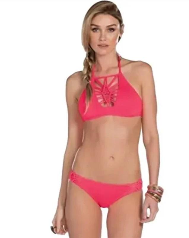 NWOT Becca Virtue L Janis Macramé High Neck Melon Bikini Swim Set 111349