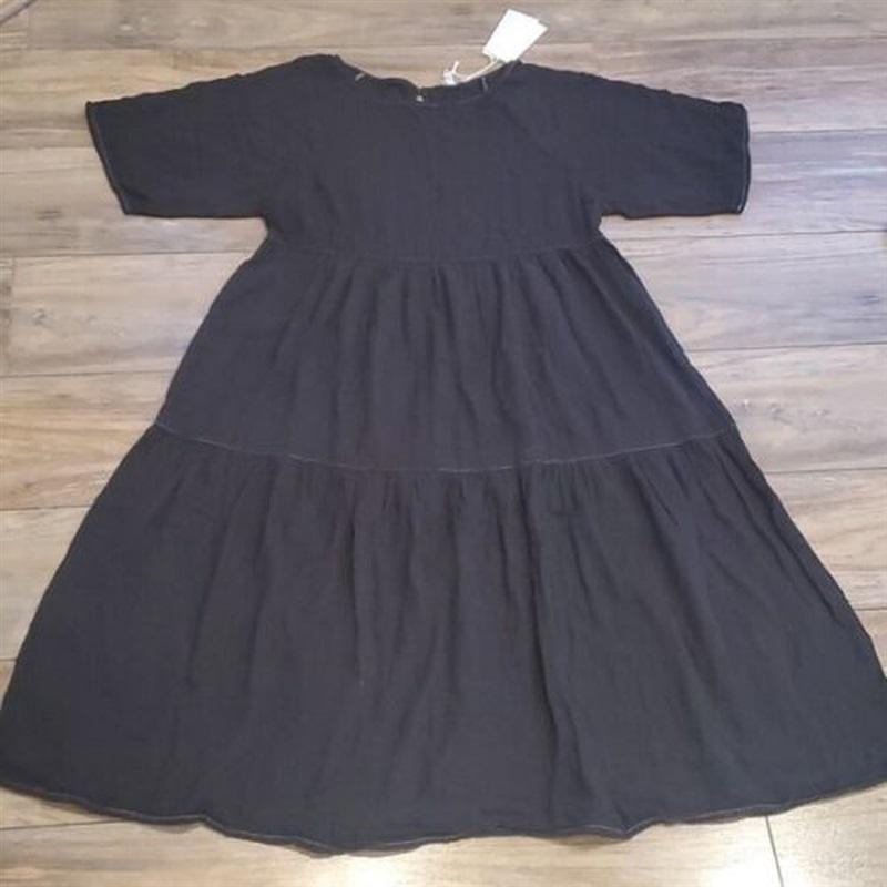 NWT Calme S Raglan Tiered Crinkle Gauze Black Dress 111534
