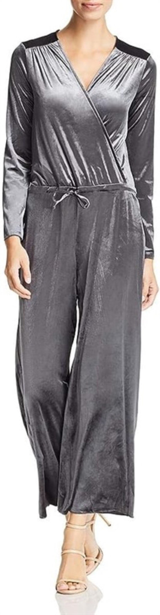 NWOT Three Dots MED VM944 Stretch Panne Velvet Cropped Jumpsuit Gray 111591
