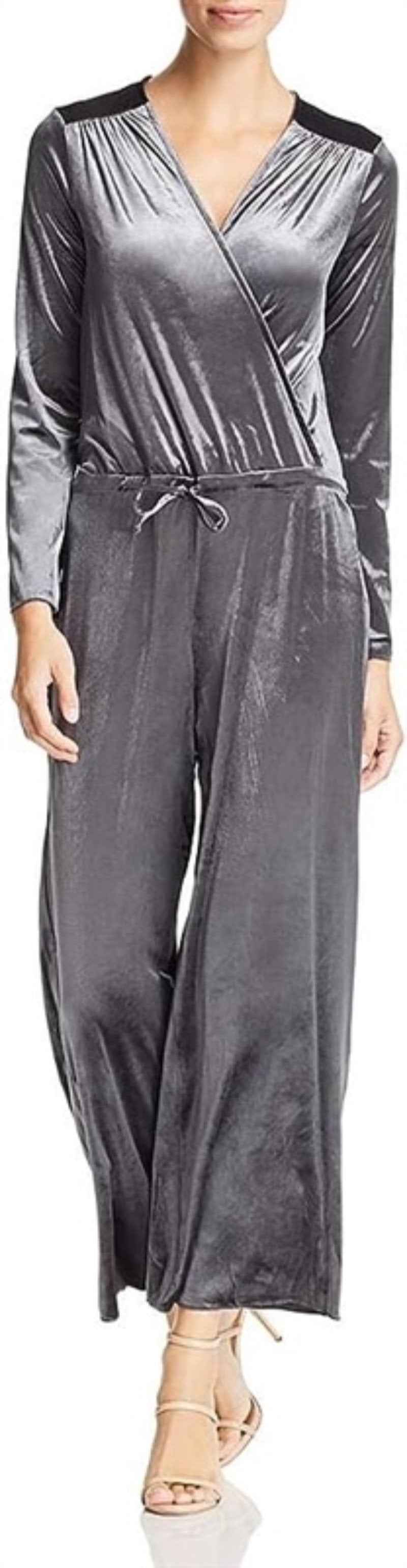 NWOT Three Dots SM VM944 Stretch Panne Velvet Cropped Jumpsuit Gray 111615