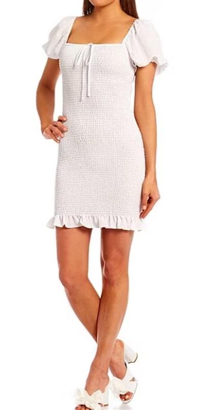 NWT Gianni Binni LG Alli Square Neck Puffed Sleeve Smocked Dress White 112392