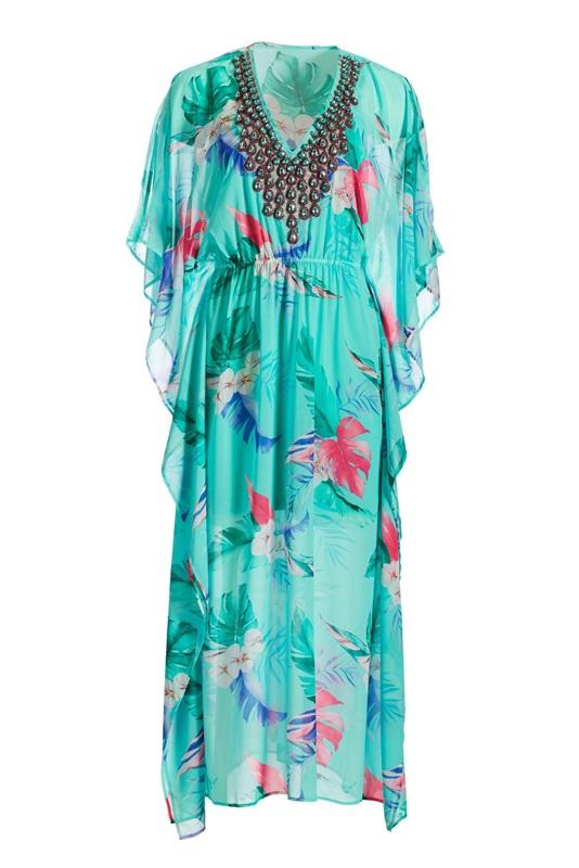 NWOT Boston Proper M Embellished Tropical Elastic Waist Maxi Dress Kaftan 112418