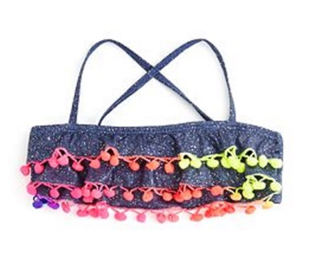 NWT PIlyq 14 Girls Sparkle Denim Pom Pom Bikini Top 112757