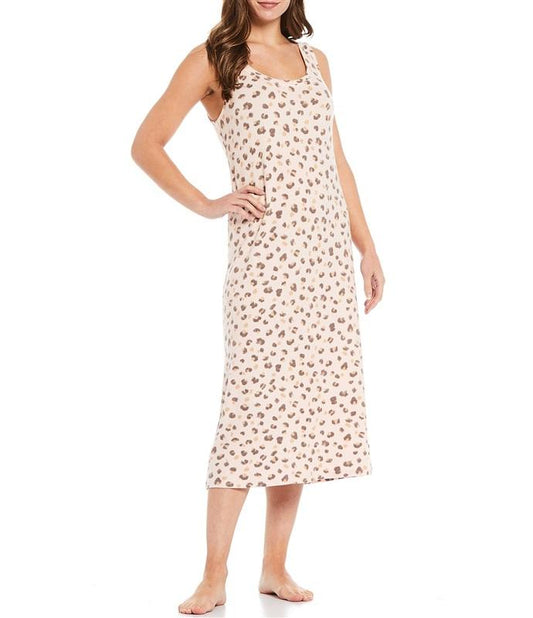 New NOTTIBIANCHE LG Brushed Knit Peachy Maxi Lounge Dress Nightgown Leopard Pink