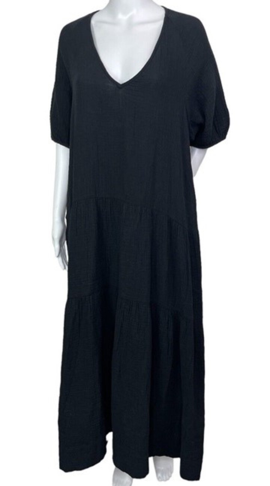 NWOT Calme M Raglan Tiered Crinkle Gauze Black Dress 113155