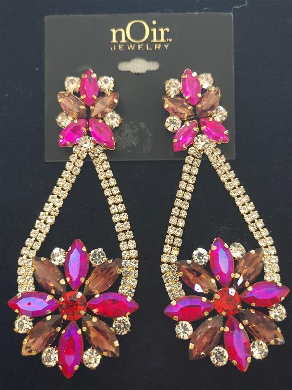 NWT nOir Hot Pink Tear Drop Dangle Rhinestone Flower Earrings 113267