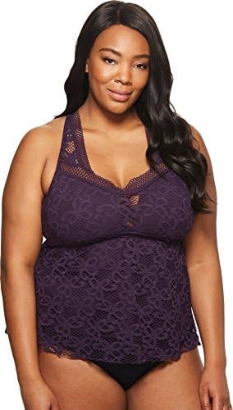 NWOT Becca Virtue Lace 3X Captured Tankini Top Plum Purple Swimsuit 113324