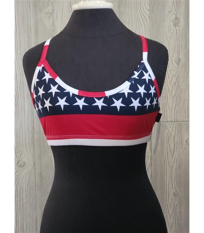 NWT Kos USA M Cross Back Dance Yoga Sports Bra 674 Stars & Stripes Flag 113362