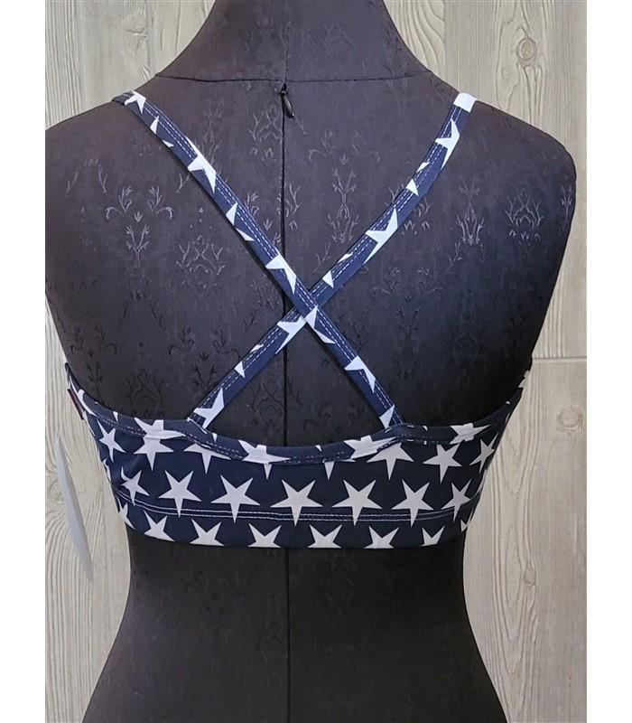 NWT Kos USA M Cross Back Dance Yoga Sports Bra 674 Stars & Stripes Flag 113362