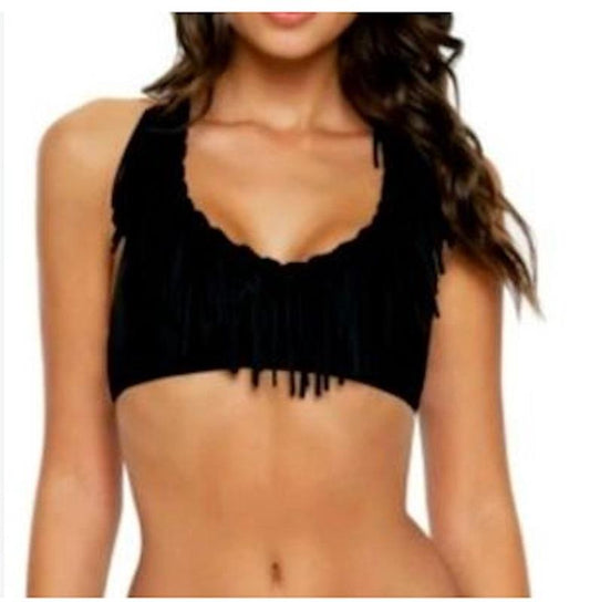 NWT Pilyq Midnight Gold S Fringe X Black Halter Bikini Swim Top 113376
