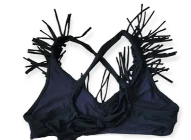NWT Pilyq Midnight Gold S Fringe X Black Halter Bikini Swim Top 113376