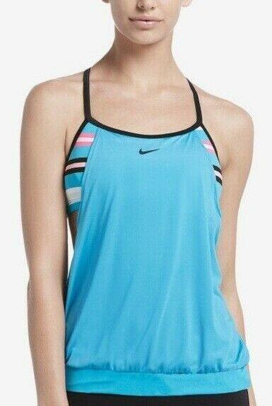 NWOT Nike Open Back Blue Pink Stripe Layered S Tankini Swim Top 113550