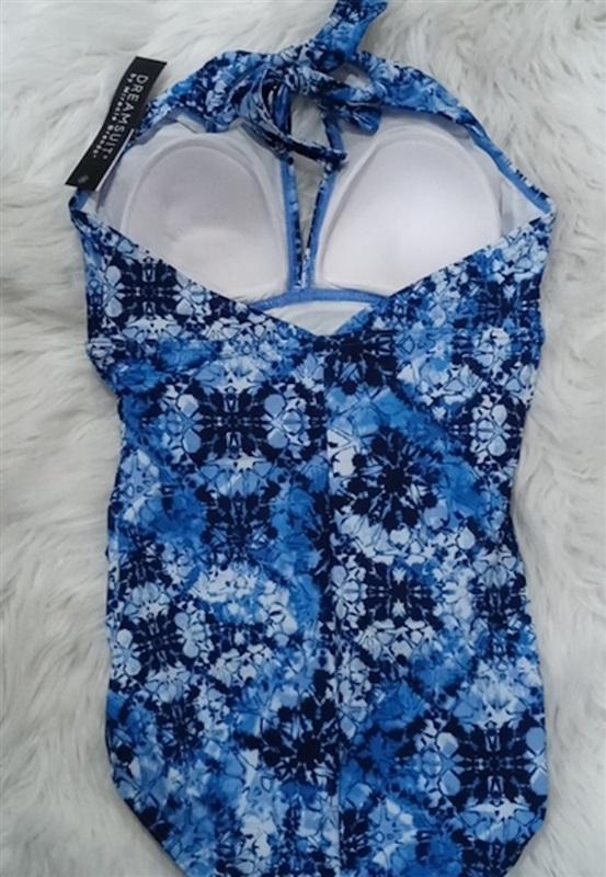 NWT Miracle Dream Suit 12 Keyhole High Neck 1pc Swimsuit Blue Batik 113559