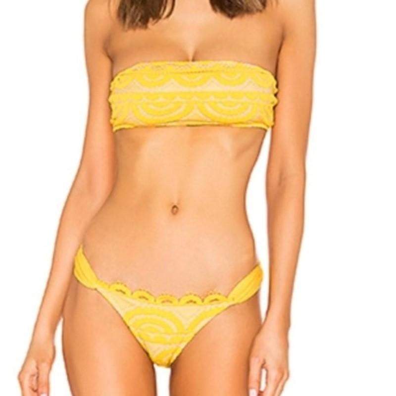 NWT Pilyq PQ M Lace Fanned Teeny Bikini Swim Bottoms Marigold Yellow 113624