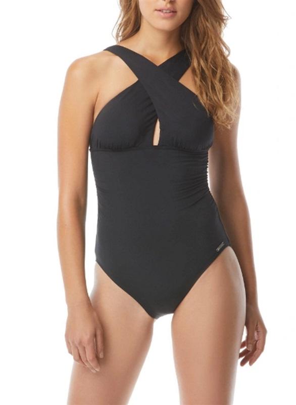 NWT MICHAEL KORS 14 BLACK High Neck Cross Front 1PC Swimsuit 113694