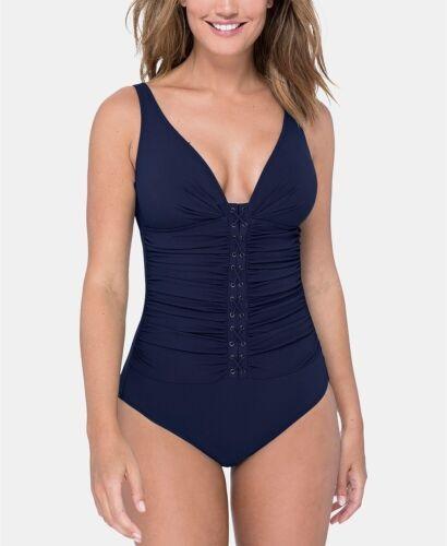 NWT Profile Gottex 8 D Cup Moto Black Lace Up V-Neck Plunge 1pc Swimsuit 113696