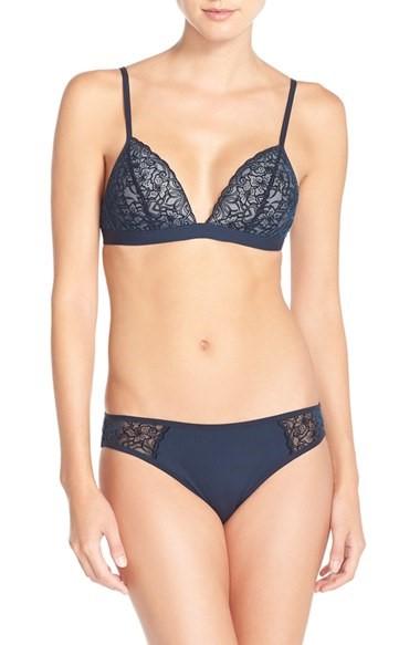 NWT Halogen L Lace Bralette Wire Free Blue Floral Velvet Bra 113728