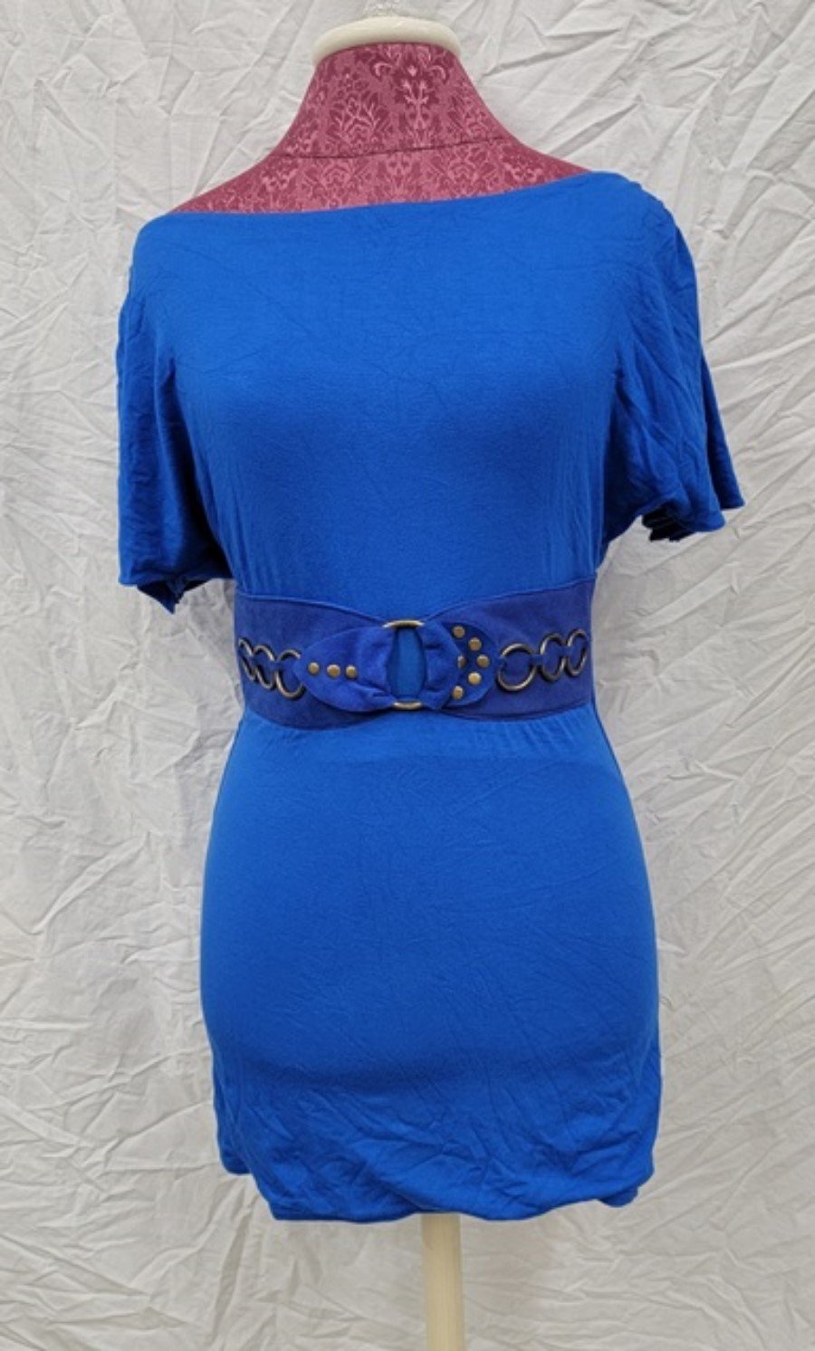 NWT Sky L Bright Blue Belted T-Shirt Mini Club Dress 113778