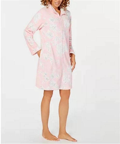 NEW Miss Elaine Plush Fleece 49" Long Zip Front Robe XL Pink Floral #113878