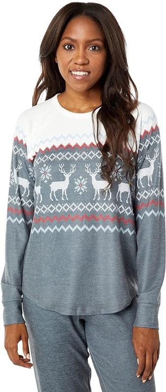 New PJ Salvage 2x Fair Isle Long Sleeve Knit Lounge Top & Bottom Charcoal 113899