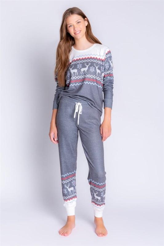 New PJ Salvage 1x Fair Isle Long Sleeve Knit Lounge Top & Bottom Charcoal 113900