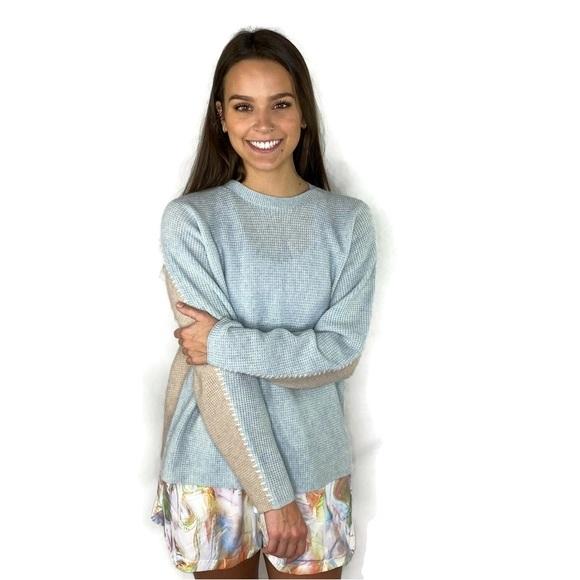 NWT Calme XL Color Block Wool Cashmere Crew Neck Sweater Pink 113915
