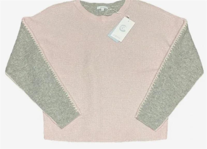 NWT Calme XL Color Block Wool Cashmere Crew Neck Sweater Pink 113915