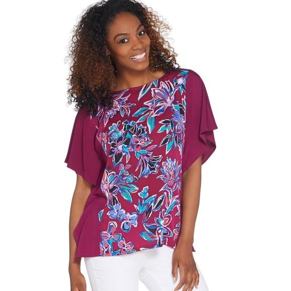 NWT Bob Mackie Painterly Floral Front Caftan Top Woven Panel 114115