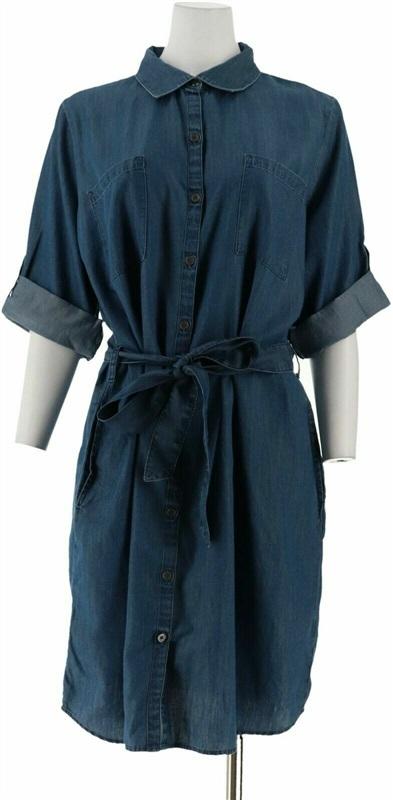 NWT Martha Stewart M Denim 3/4 Sleeve Shirt Dress Roll Tab 114123
