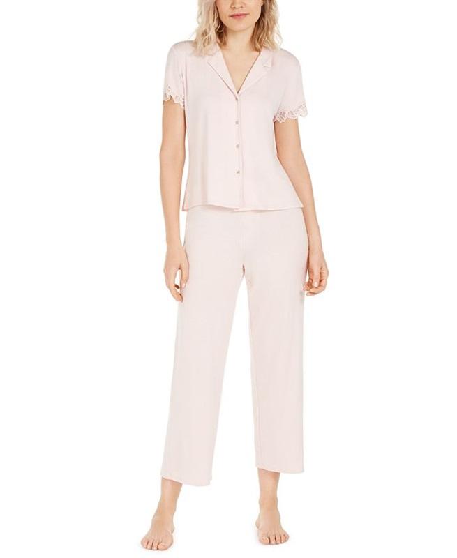 NWT Josie Natori S Lace Trim Jersey Knit Pajamas Pink 114256