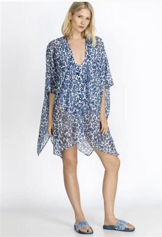NWT Calme L/XL Blue Tiger Short Kimono Silk Cover Up 114422