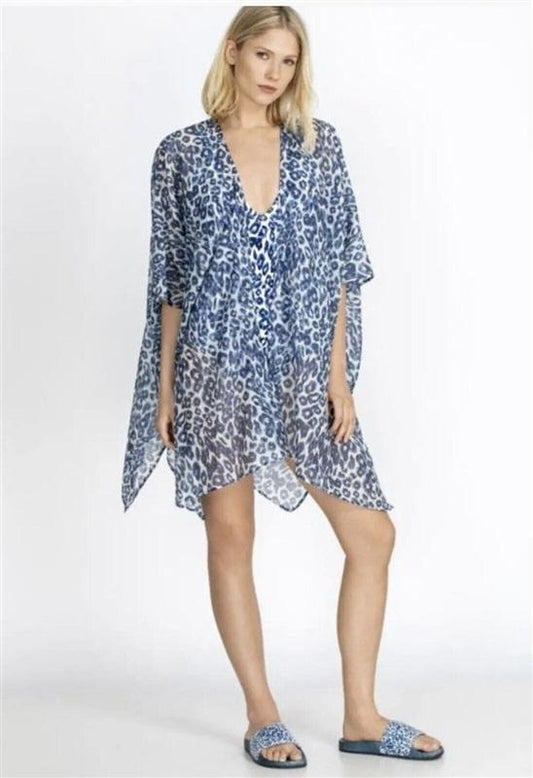 NWT Calme L/XL Blue Tiger Short Kimono Silk Cover Up 114422