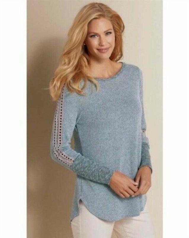 NWOT Soft Surroundings S Bailey Thermal Crochet Sleeves Tunic top BLue 114619