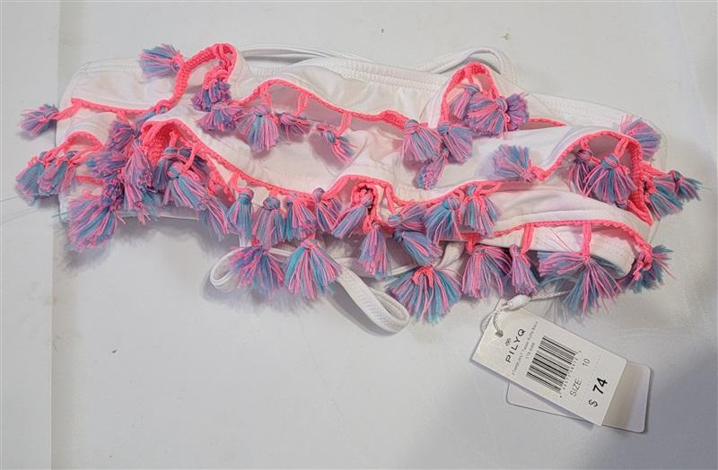 NWOT PIlyq PQ Girls 10 White with Pink Blue Tasseled Bikini Top 114674