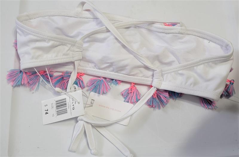 NWOT PIlyq PQ Girls 10 White with Pink Blue Tasseled Bikini Top 114674