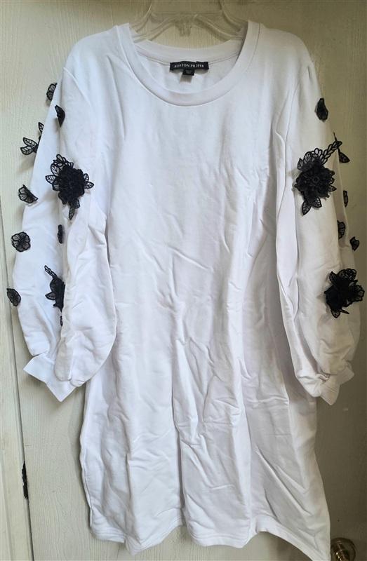 NWOT Boston Proper M French Terry Dress Long Sleeve Lace Flowers 114684