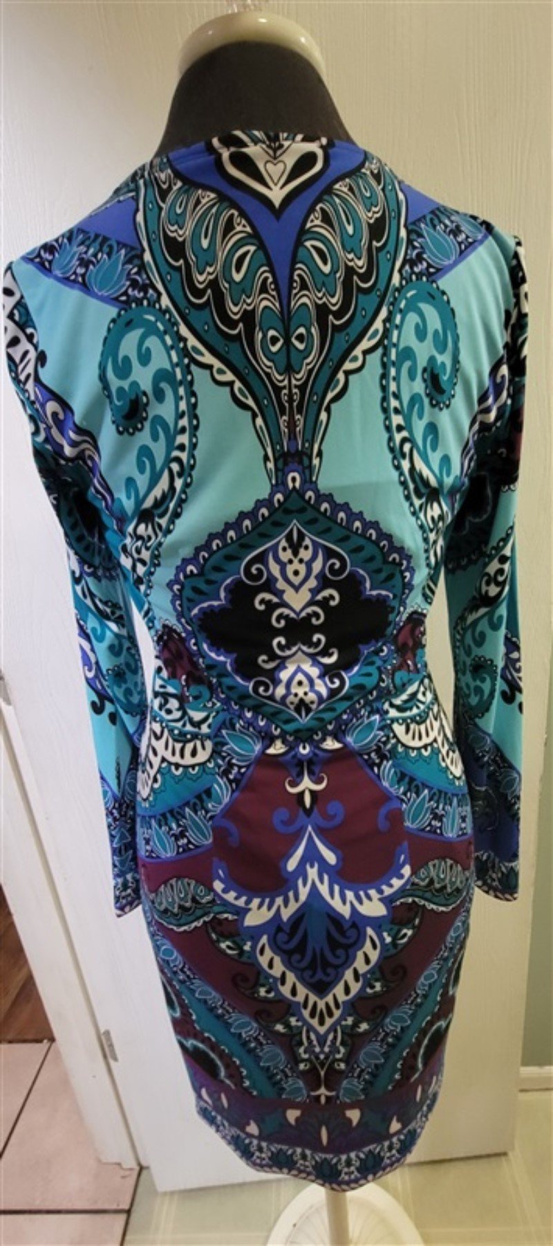NWT Hale Bob S Jersey Dress Faux Leather V Neck Purple Blue 114756