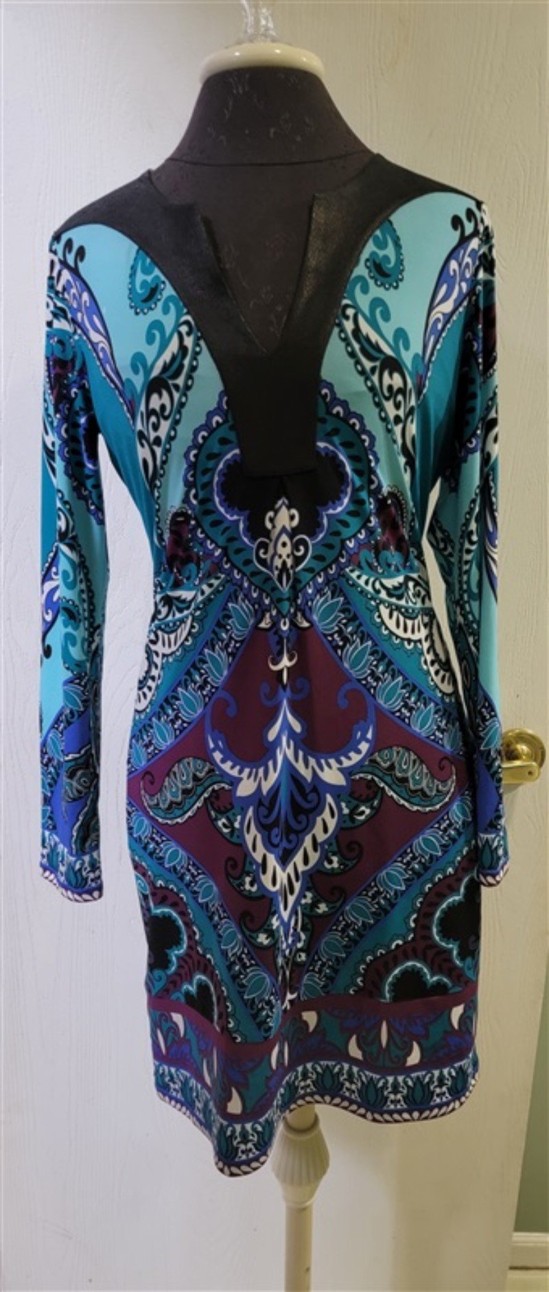 NWT Hale Bob S Jersey Dress Faux Leather V Neck Purple Blue 114756
