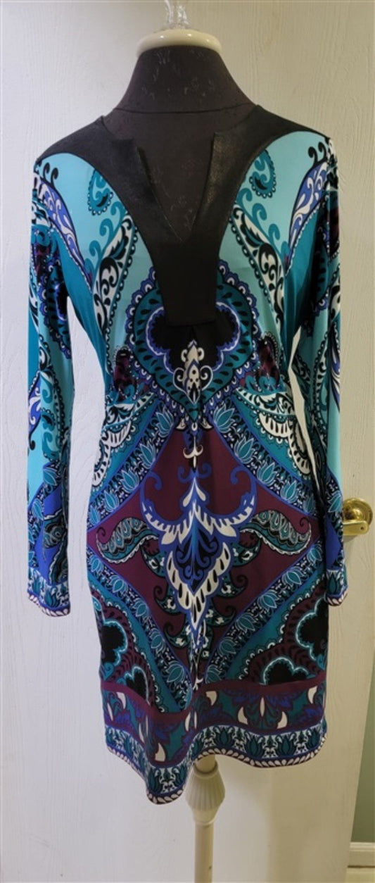 NWT Hale Bob S Jersey Dress Faux Leather V Neck Purple Blue 114756