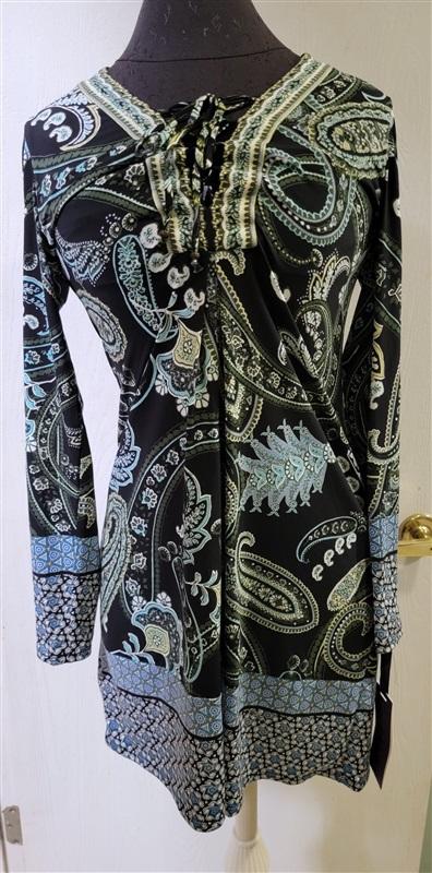 NWOT Hale Bob S Jersey Dress Lace Up V Neck blue Green 114759