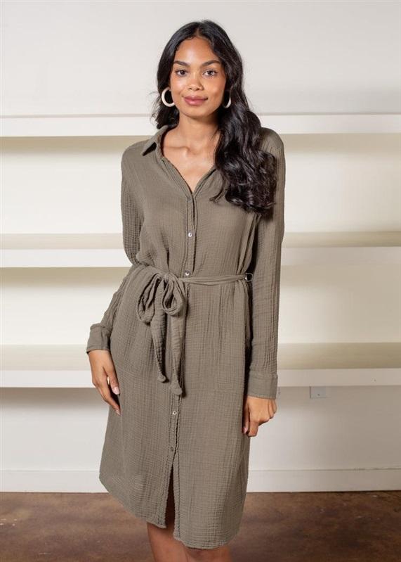 NWOT Michael Stars S Cleo Gauze Button Up Shirt Dress Long Olive 114883