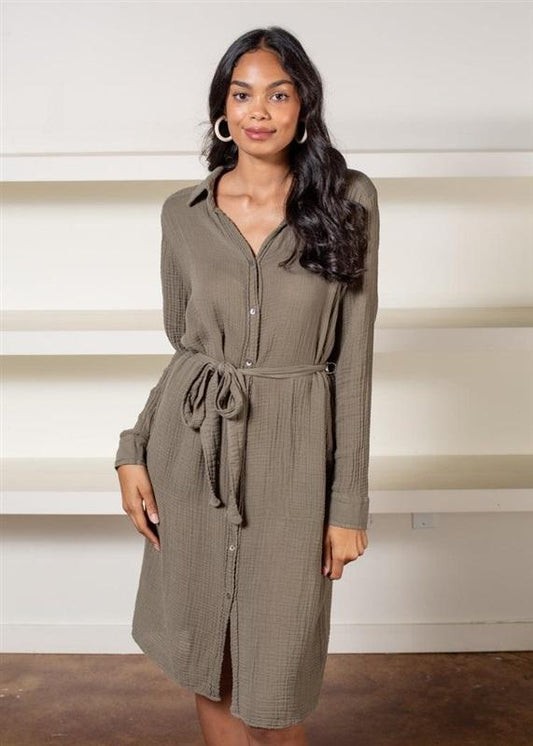 NWOT Michael Stars S Cleo Gauze Button Up Shirt Dress Long Olive 114883