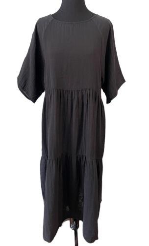 NWT Calme M Raglan Tiered Crinkle Gauze Black Dress 114892