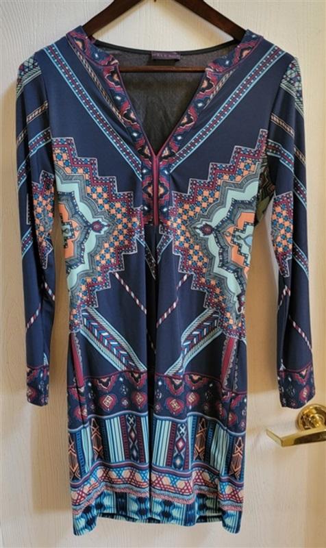 NWOT Hale Bob S Jersey Dress BLue Red Teal V Neck 115047