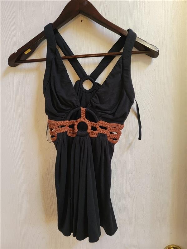 NWT Sky XS DEEP V Black Knit Club Wear Top Suede Leather Belted Short 115049