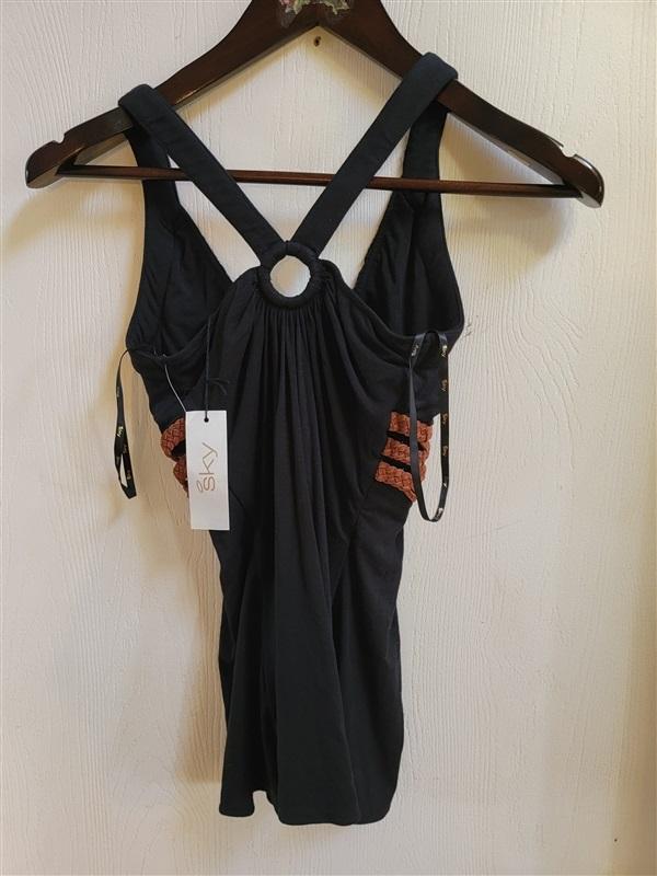 NWT Sky XS DEEP V Black Knit Club Wear Top Suede Leather Belted Short 115049