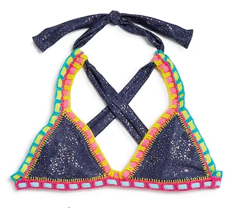 NWT Pilyq Girls 6 Crochet Trim Triangle Bikini Swim Top Sparkle Denim 115175