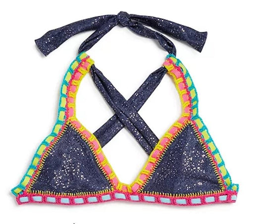 NWT Pilyq Girls 6 Crochet Trim Triangle Bikini Swim Top Sparkle Denim 115175